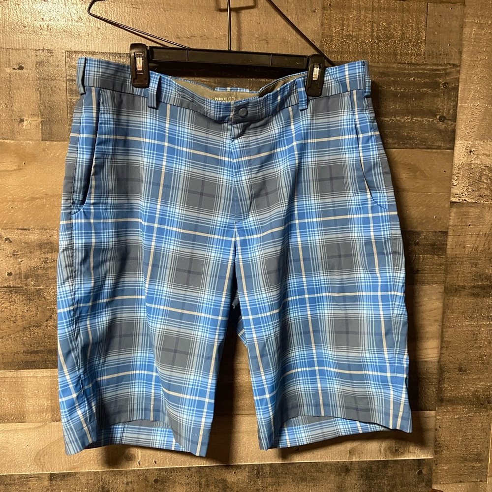 Nike Golf Men's Blue Plaid Flat Front Dri-fit Shorts size 36